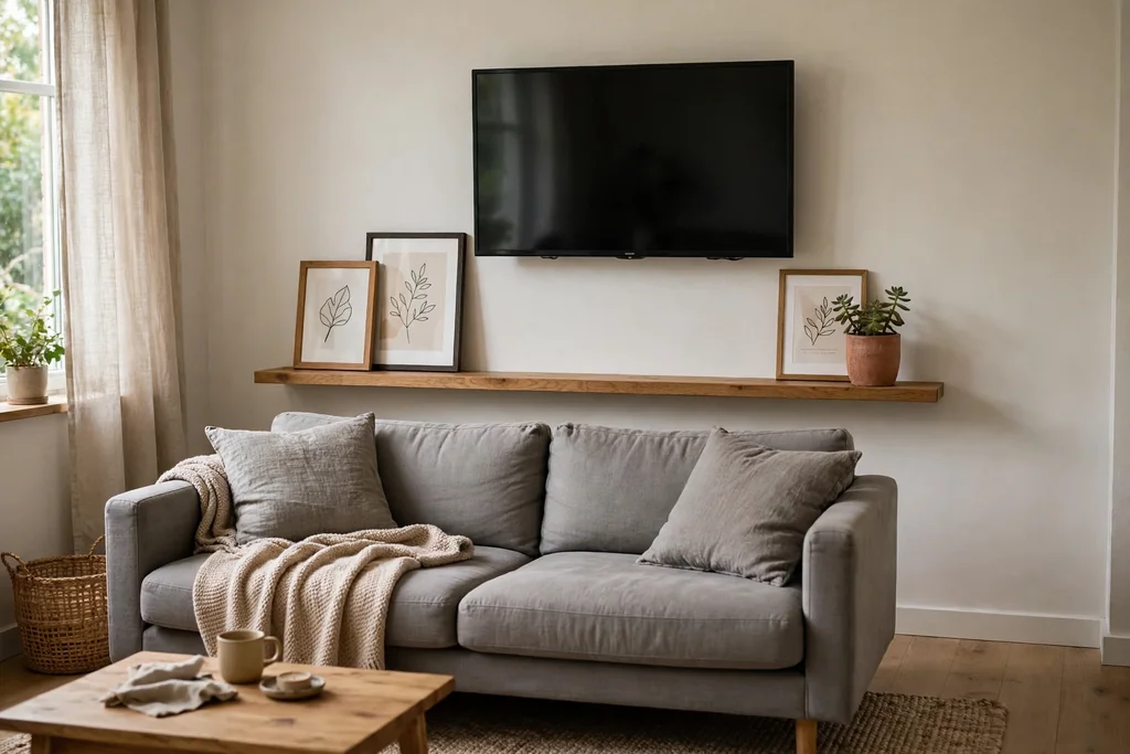 Small living room TV above a gallery ledge shelf holding framed prints.