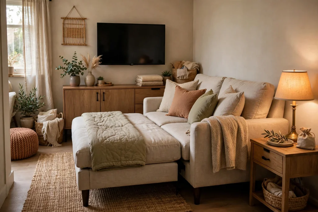 Dual purpose small living room and guest room with a sofa bed facing a TV.