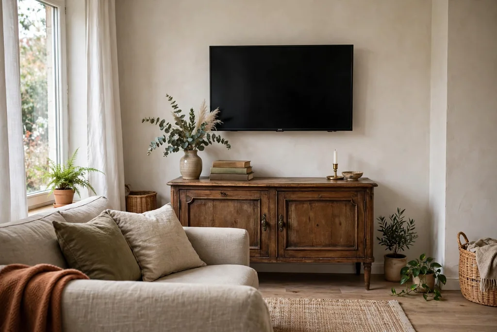 Small living room TV above a vintage sideboard console with a vase and books.