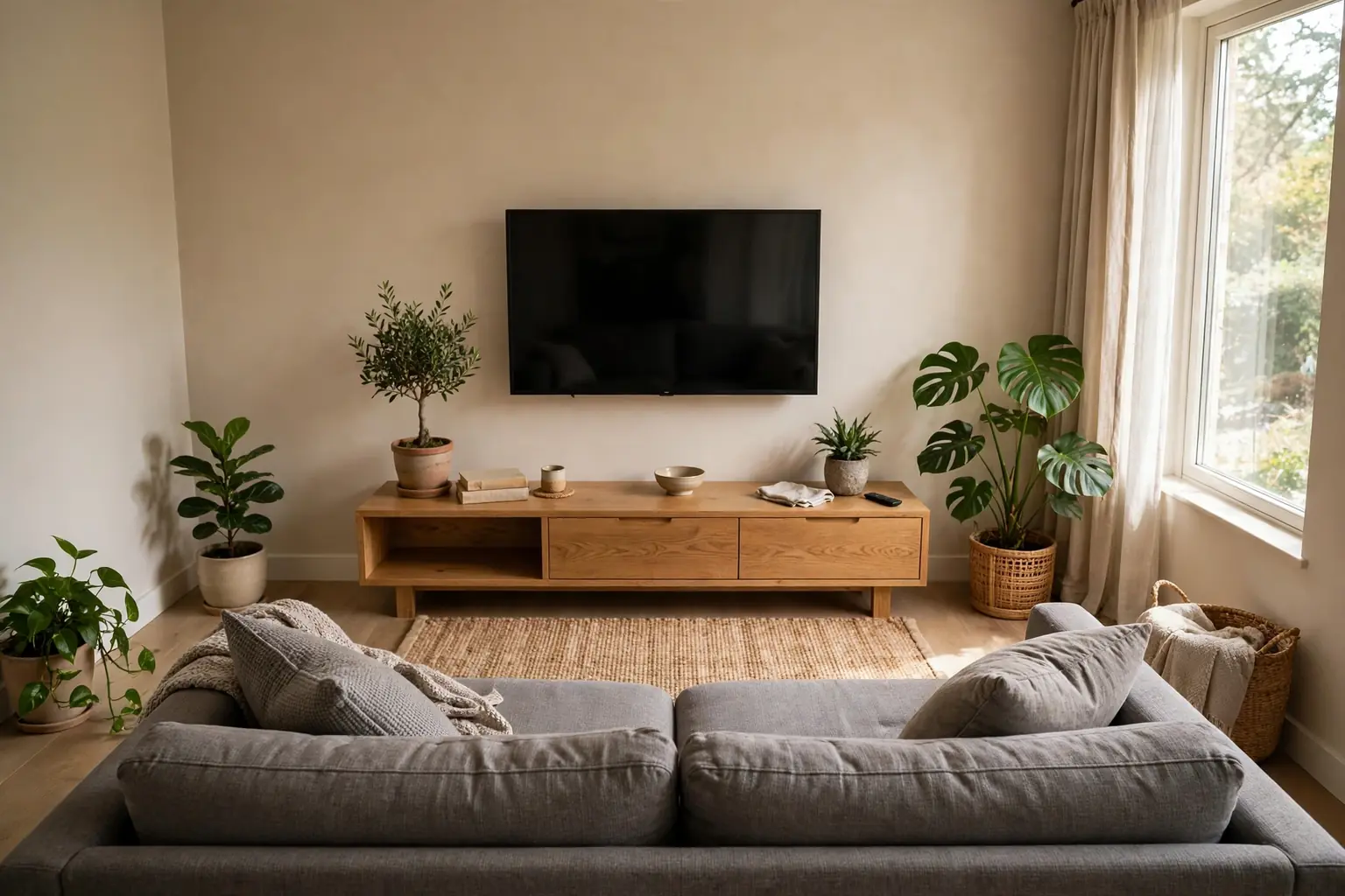 Wide small living room with a wall mounted TV above a low oak console, a grey sofa, plants, and soft daylight.