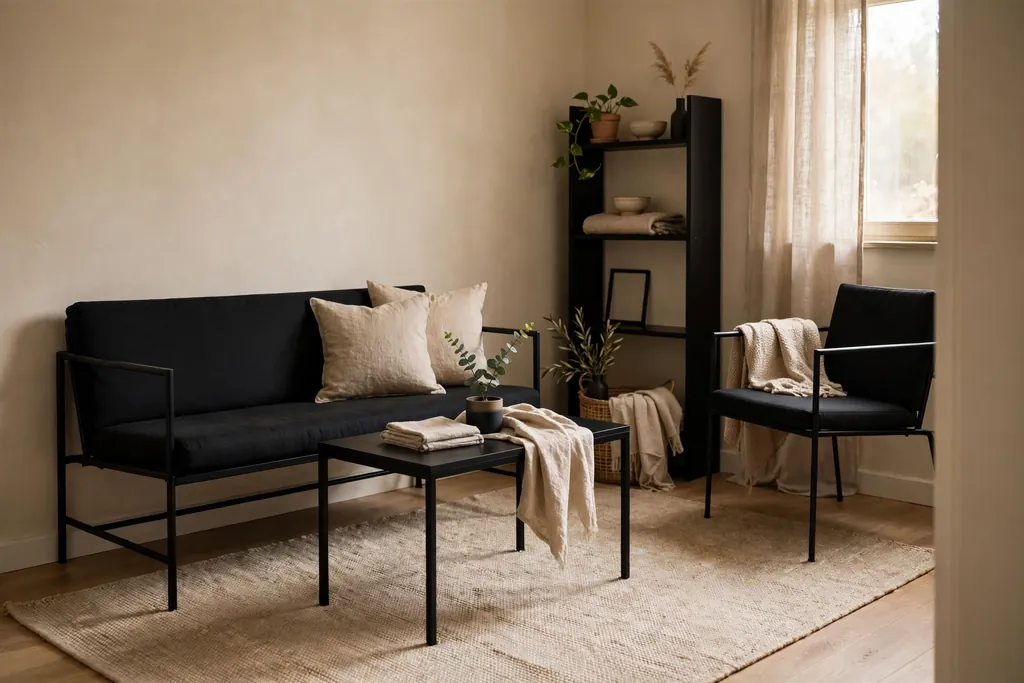 Small living room with slim black furniture, beige walls, and a beige rug.