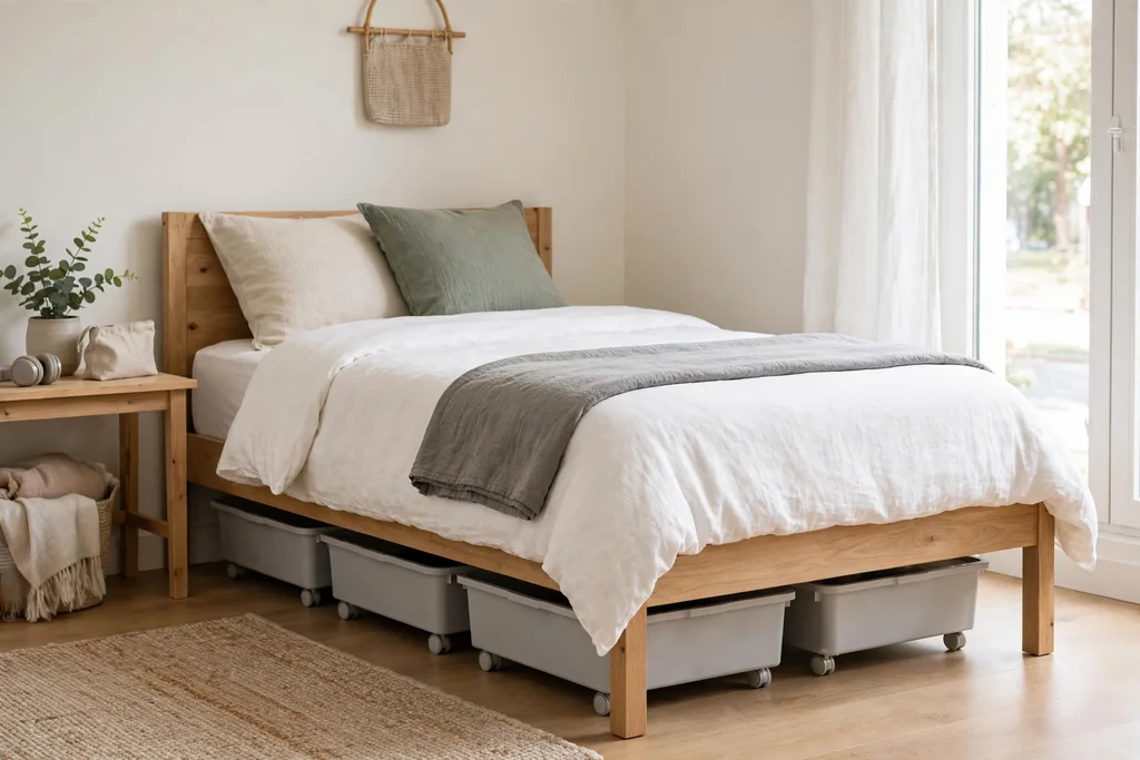 Small bedroom with low rolling bins sliding under a bed.