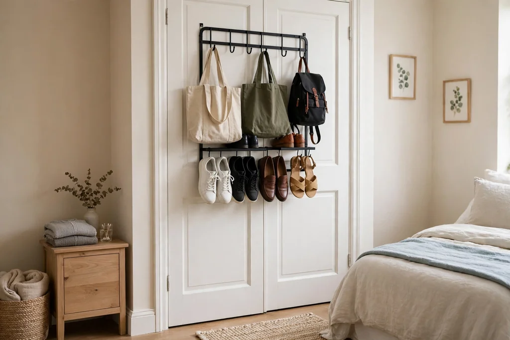 Bedroom closet door with an over-door rack holding shoes and bags.
