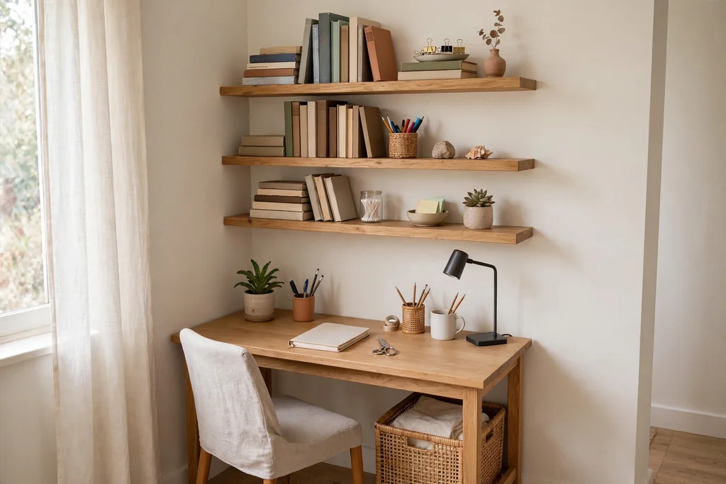 Small desk nook with floating shelves holding books and supplies above the desk.