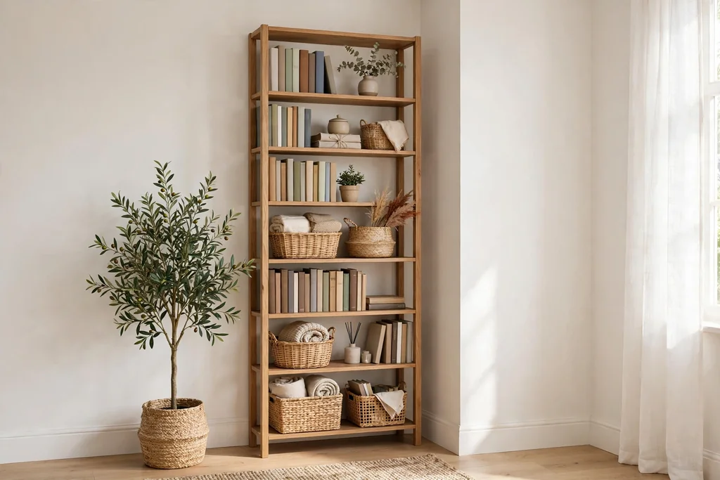 Unused living room corner with a tall narrow bookcase holding books and baskets.