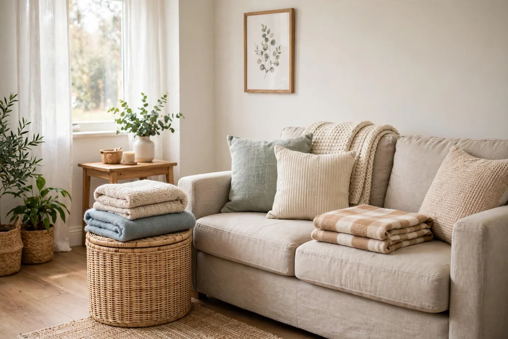 Small living room with a storage ottoman beside a sofa holding blankets.