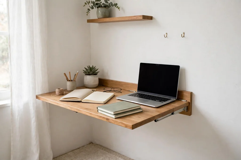 Small room wall with a fold-down desk open for work with notebooks and a laptop.