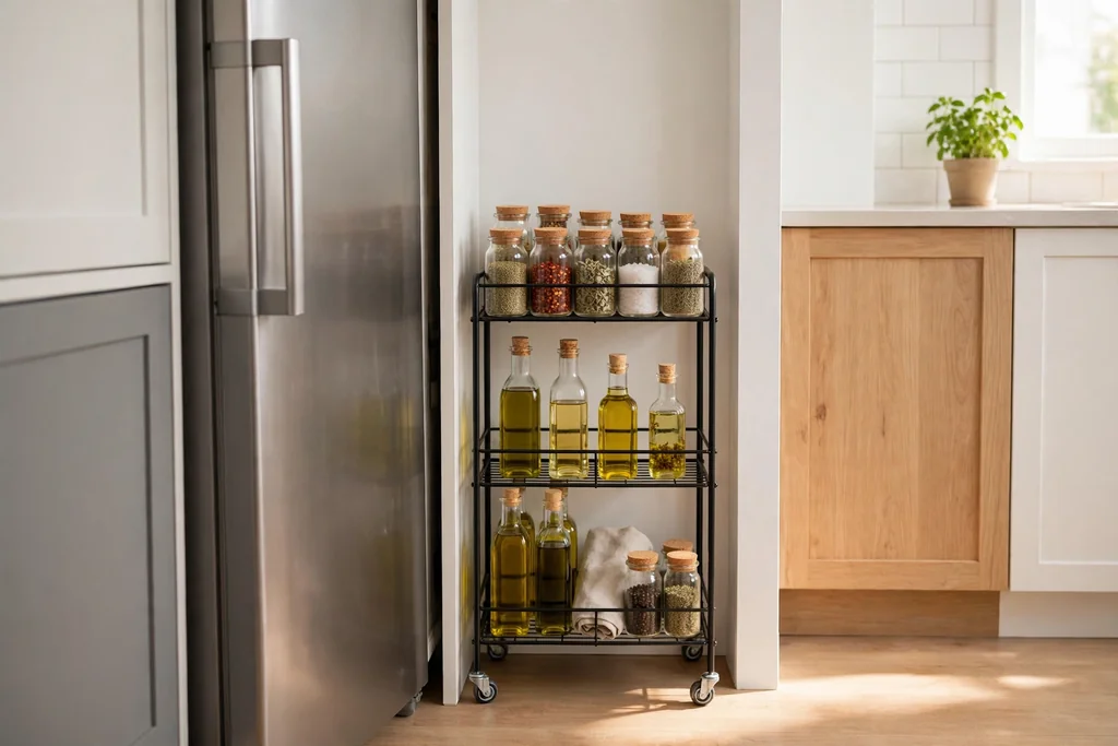 Narrow kitchen gap beside a fridge with a rolling cart holding spices and bottles.