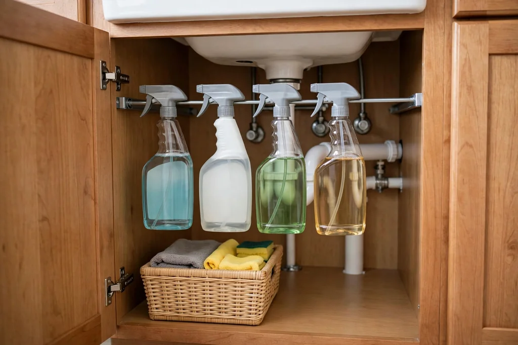 Under-sink cabinet with a tension rod holding spray bottles and a small bin below.