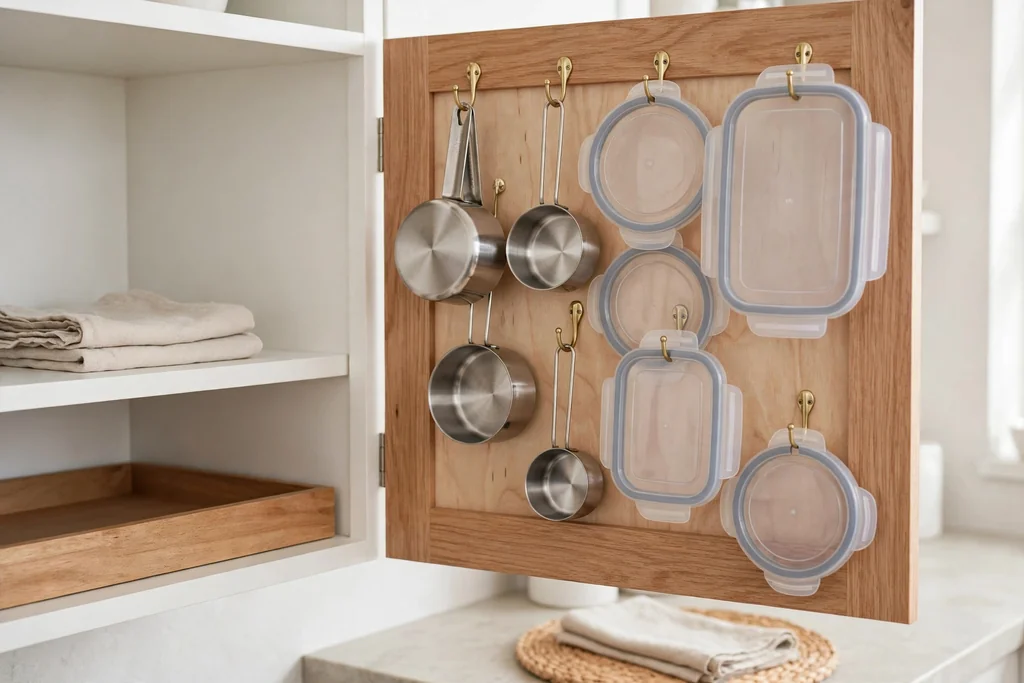 Open kitchen cabinet door with hooks inside holding measuring cups and lids.