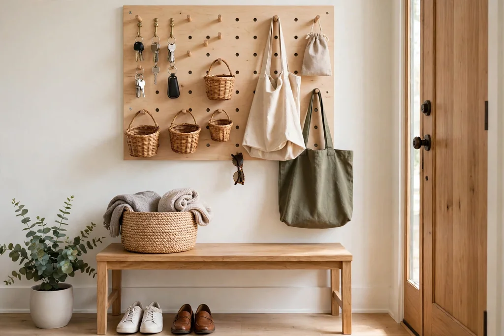 Entry wall with a pegboard holding keys, bags, and small baskets.