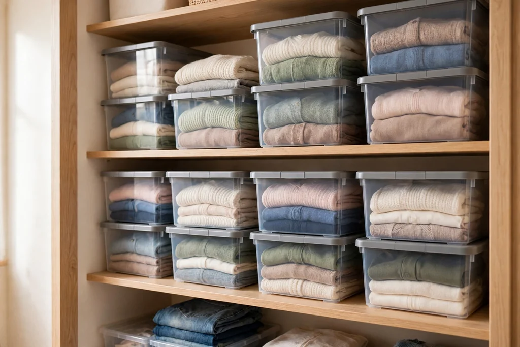 Closet shelves with stackable labeled bins holding folded clothes.