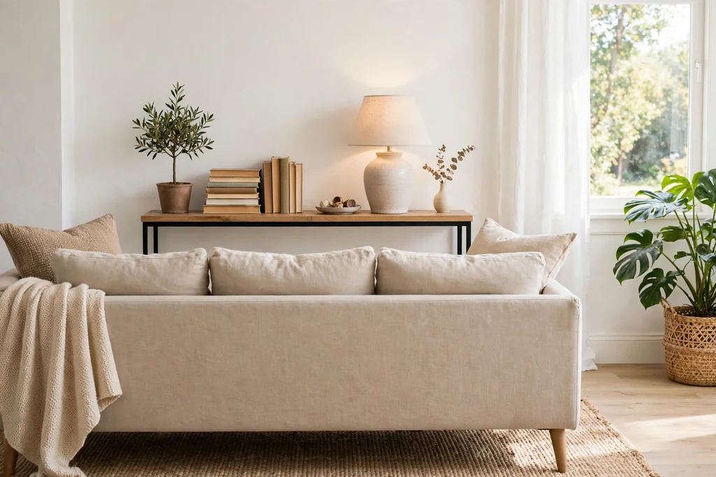 Living room sofa with a slim console shelf behind it holding books and a lamp.