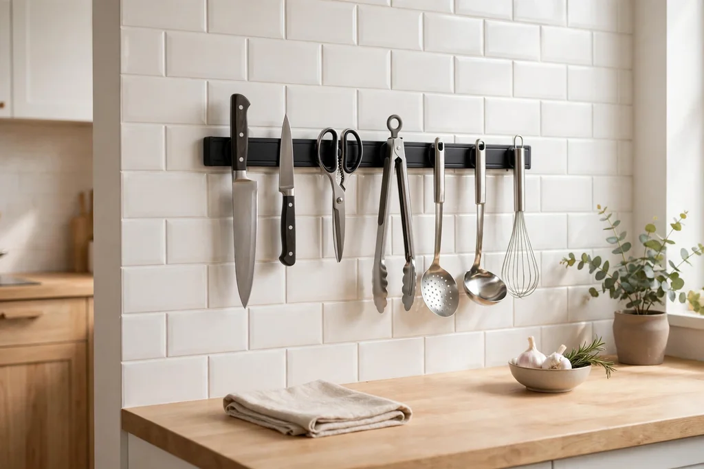 Kitchen wall with a magnetic strip holding knives and metal utensils.