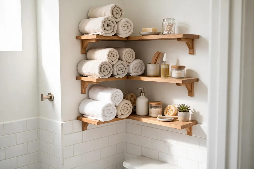 Small bathroom corner with shelves holding rolled towels and toiletries.