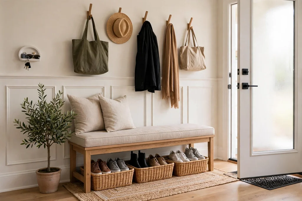 Entryway with a storage bench holding shoes in baskets below the seat.
