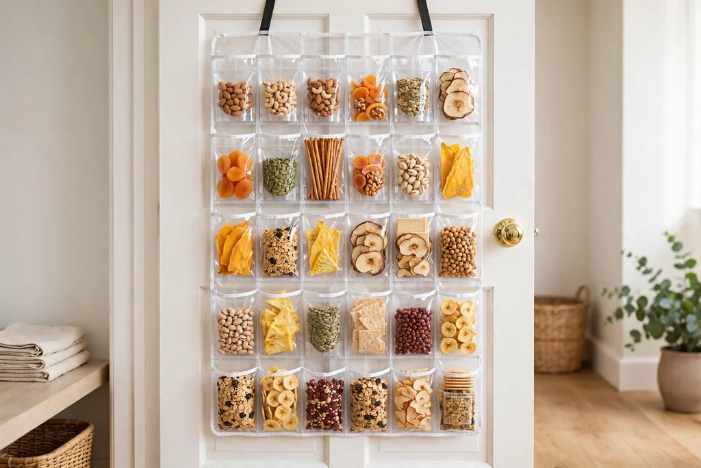 Pantry door with a clear over-door shoe organizer holding snacks and small packets.