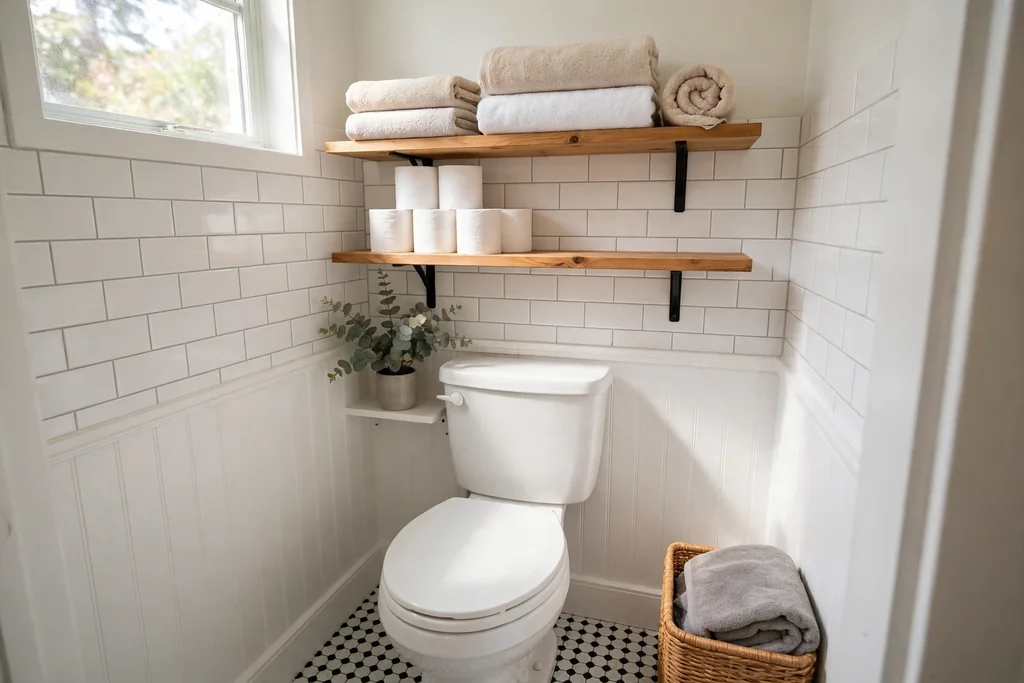 Small bathroom with shelves above the toilet holding towels and spare toilet paper.