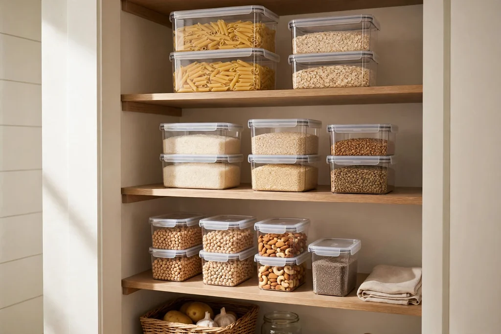 Kitchen pantry shelves with clear stackable containers holding dry food.