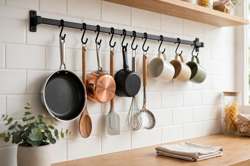 Kitchen wall rail with S-hooks holding pans, utensils, and mugs.