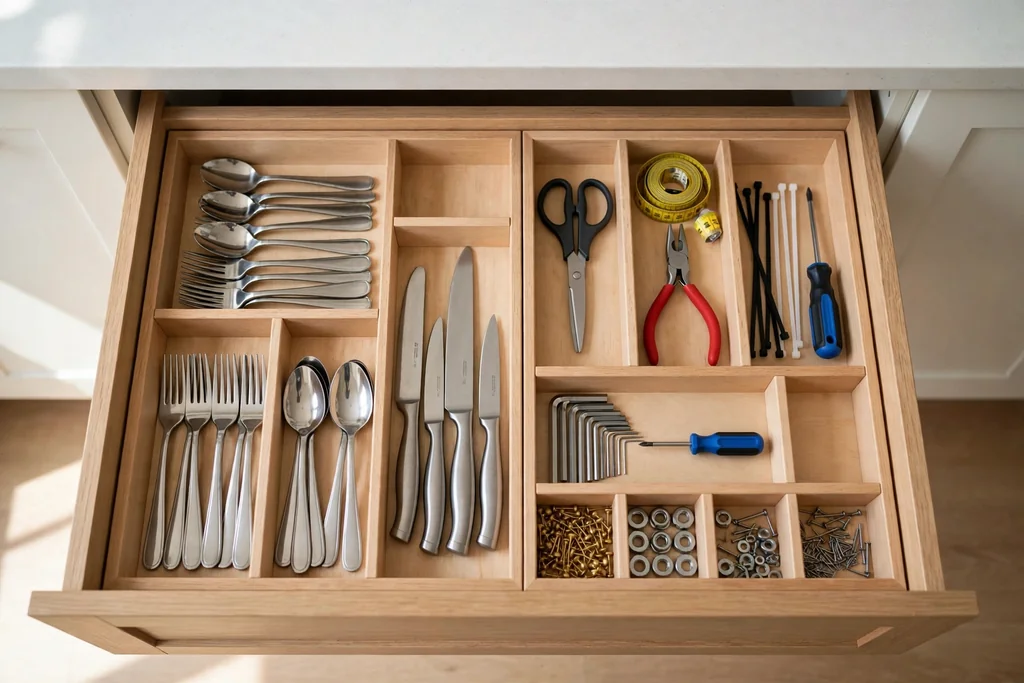 Open kitchen drawer with dividers separating utensils and small tools.