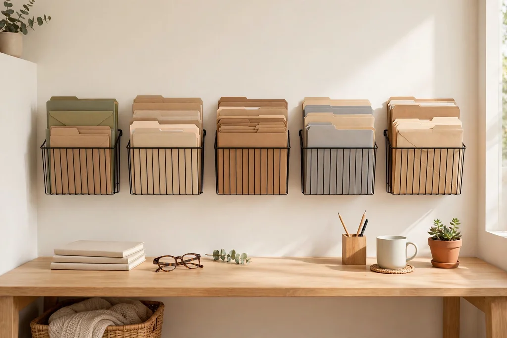 Desk wall with mounted file holders holding labeled folders and mail.