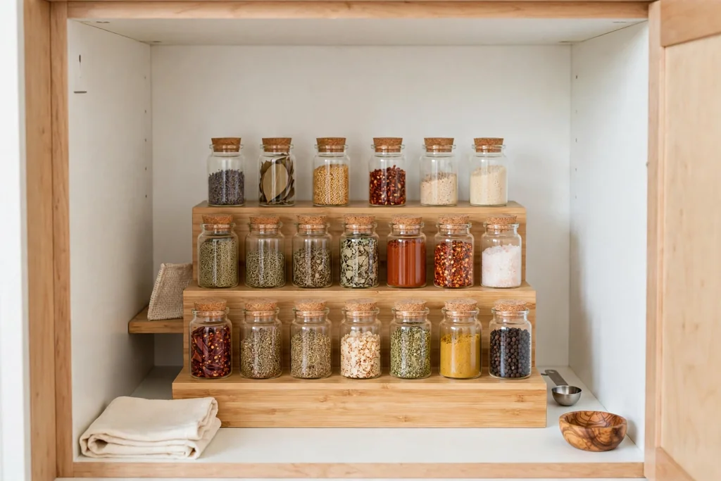 Kitchen cabinet interior with tiered risers holding spices and small jars.