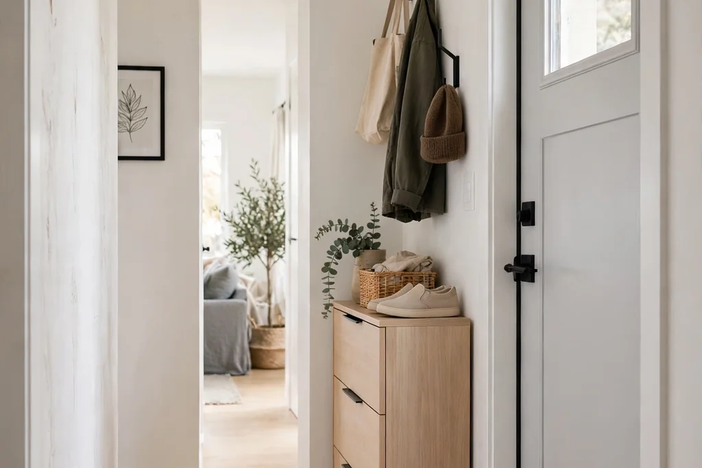 Narrow entry hallway with a slim shoe cabinet beside the front door.