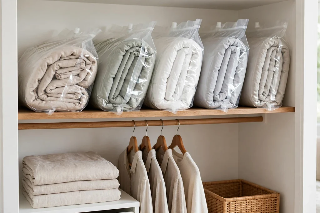 Bedroom closet shelf with flat vacuum storage bags holding folded bedding.
