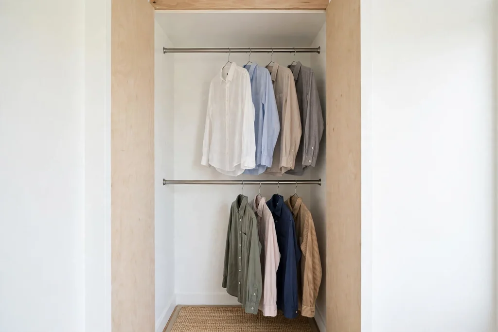 Small closet with two hanging rods holding shirts on slim hangers.
