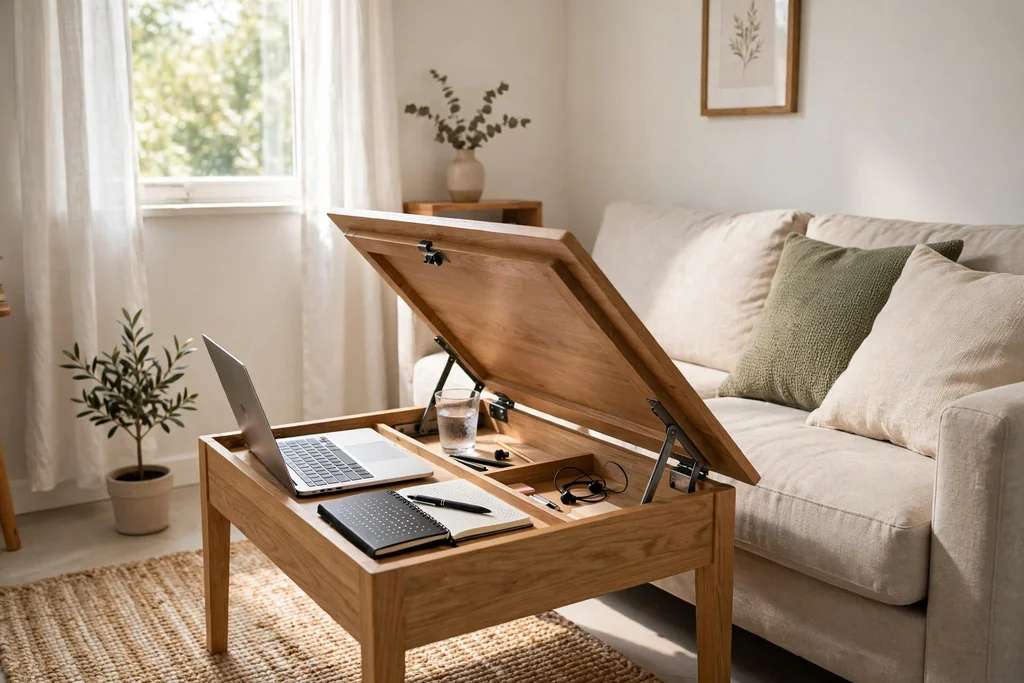 Small living room with a lift-top coffee table open for work beside a sofa.
