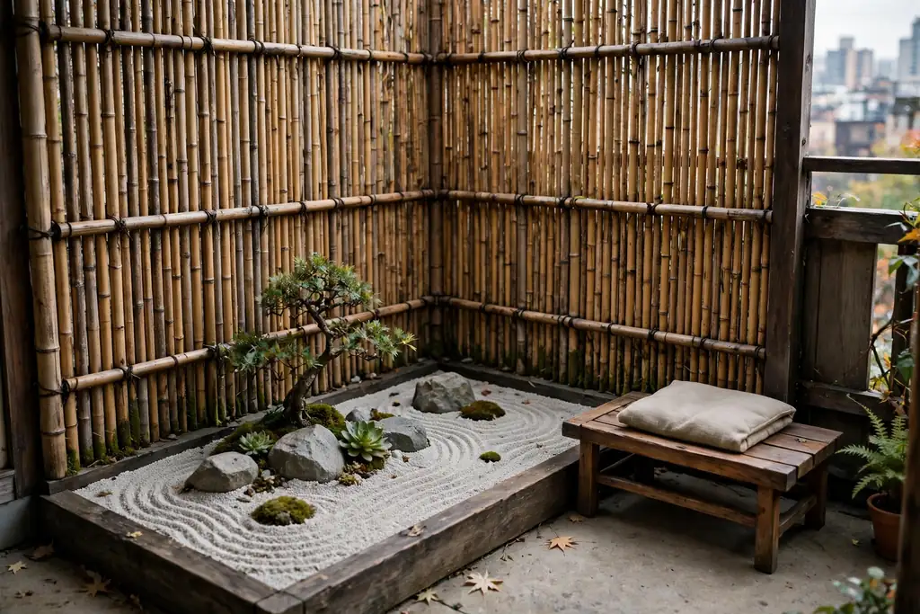 Balcony corner zen garden with a bamboo screen, gravel planter, and low seat.