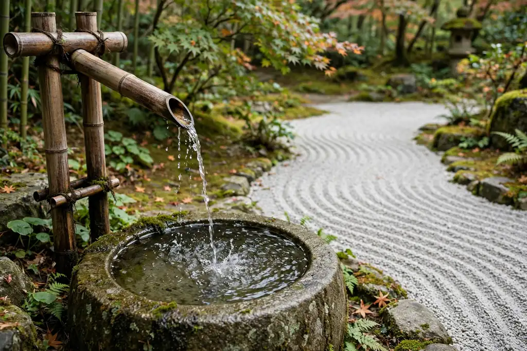 Small bamboo fountain pouring water into a stone basin beside a gravel bed.