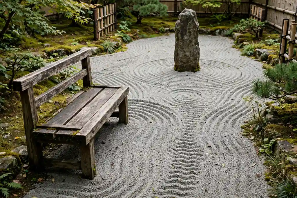 Low wooden bench seating nook beside a gravel bed facing a standing stone.