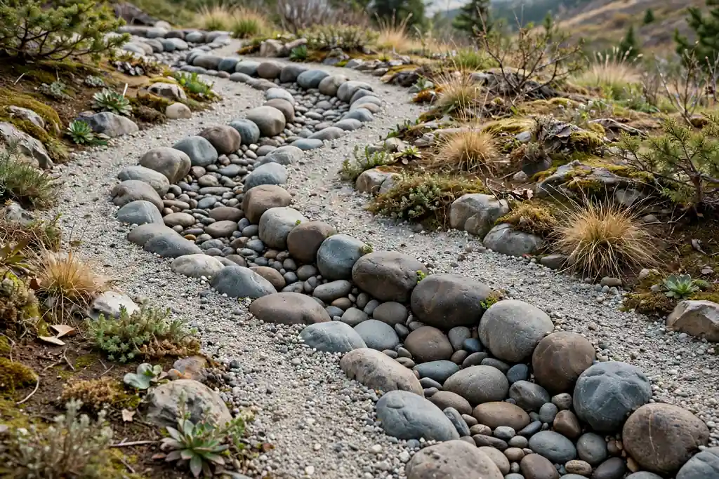 Winding dry stream of smooth river rocks through a small gravel garden bed.