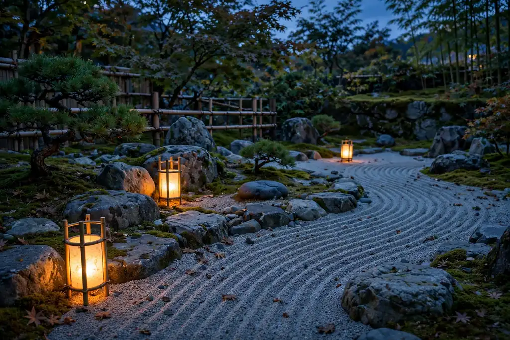 Small zen garden at dusk lit by low warm lanterns beside stones and a path.