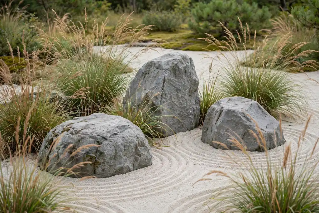 Ornamental grasses and large stones planted in a gravel zen garden bed.