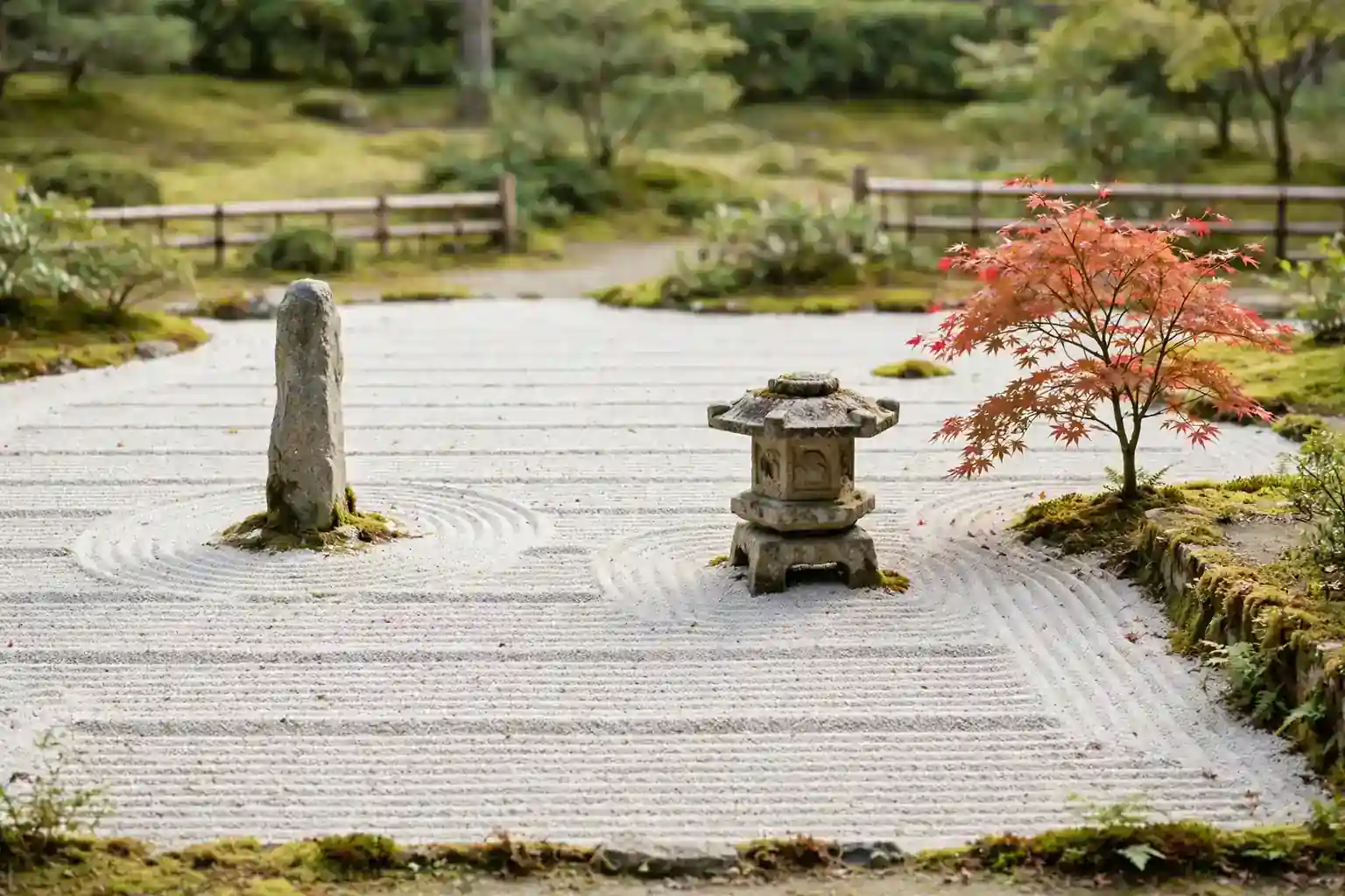 Wide small zen garden with raked gravel, a standing stone, a stone lantern, and a maple in soft daylight.
