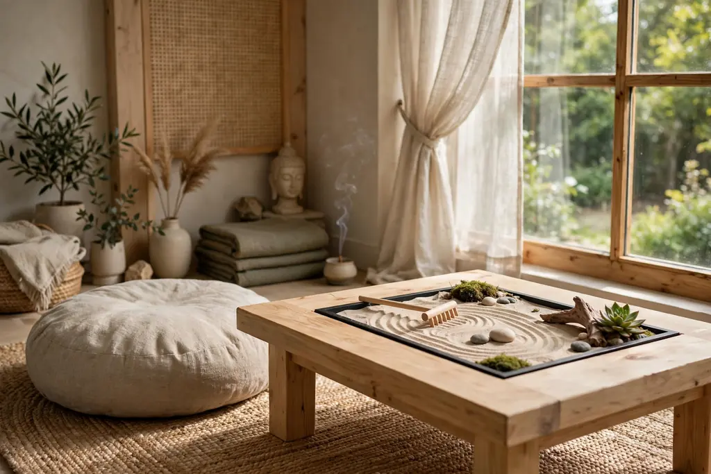 Indoor meditation corner with a small zen tray garden beside a floor cushion.