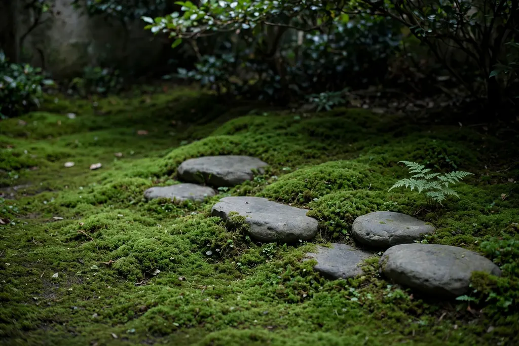 Shady moss garden corner with a carpet of green moss, low stones, and a fern.