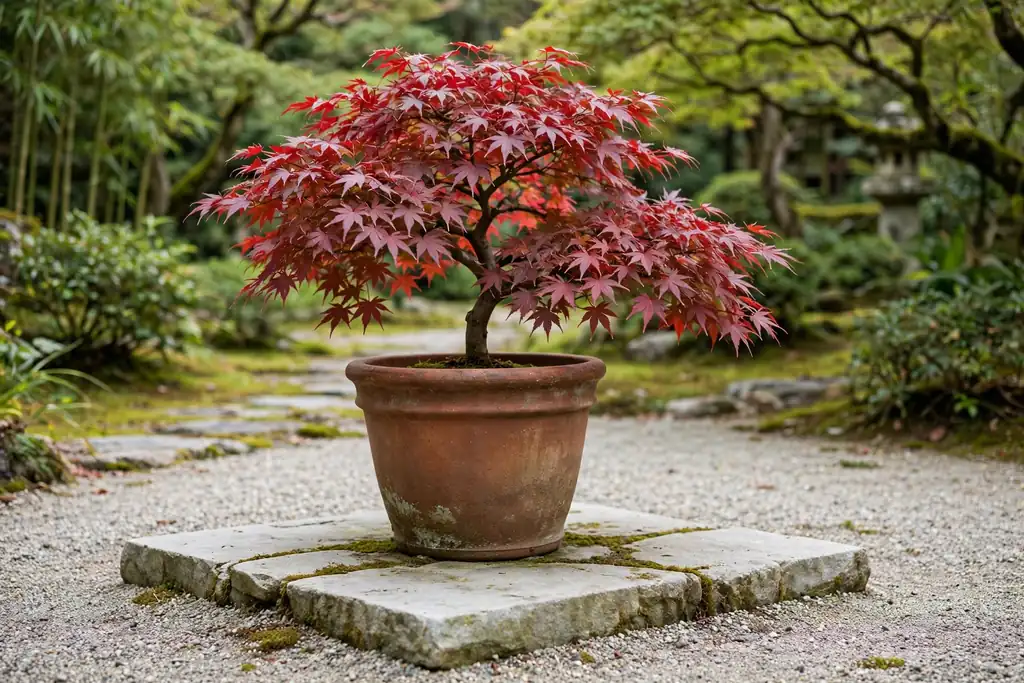 Single potted Japanese maple standing in a gravel bed on a stone plinth.