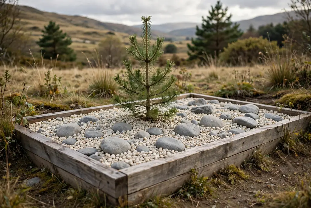 Low raised wooden frame bed filled with gravel, stones, and one small pine.