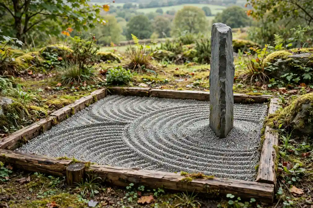 Small raked gravel bed with one upright standing stone in a timber frame.