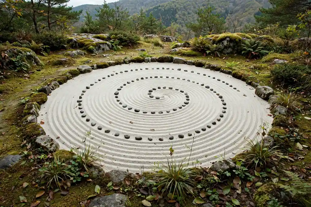 Round sand bed with a raked spiral pattern and stones placed along the curve.