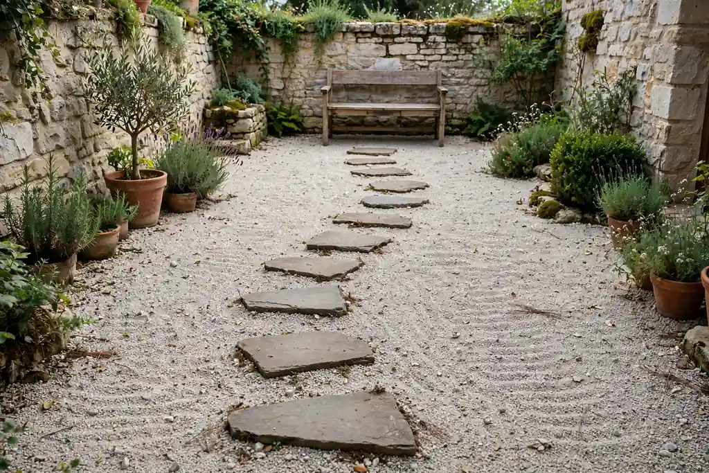 Small courtyard gravel garden with flat stepping stones leading to a seat.