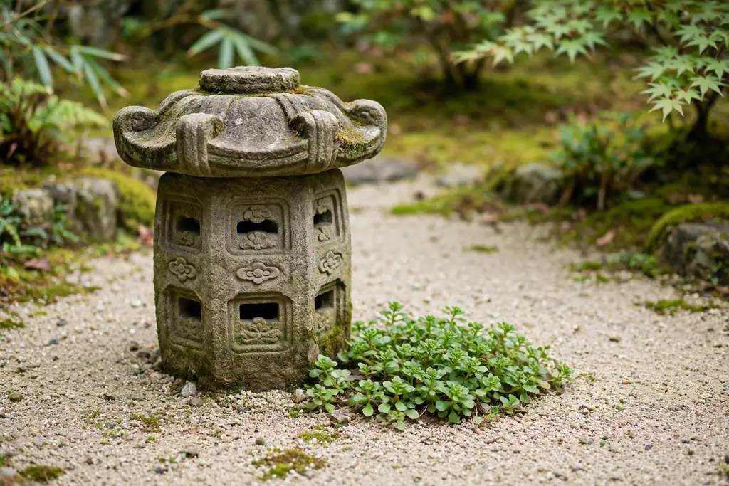 Stone lantern standing in a small gravel garden beside a low plant.