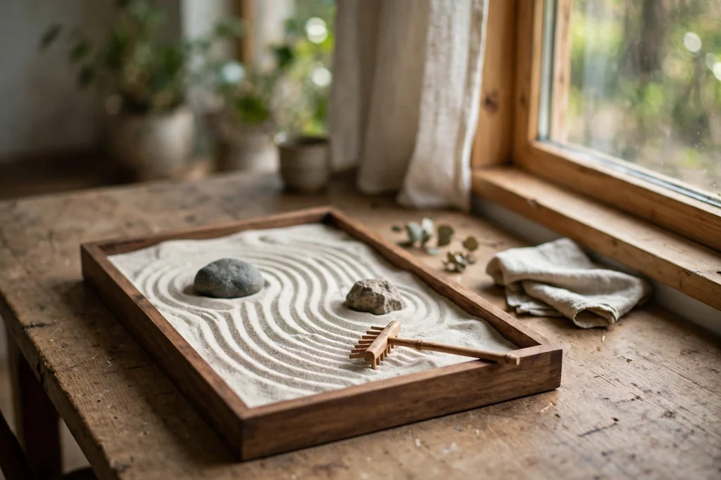 Tabletop tray zen garden with fine sand, small stones, and a tiny wooden rake on a desk.