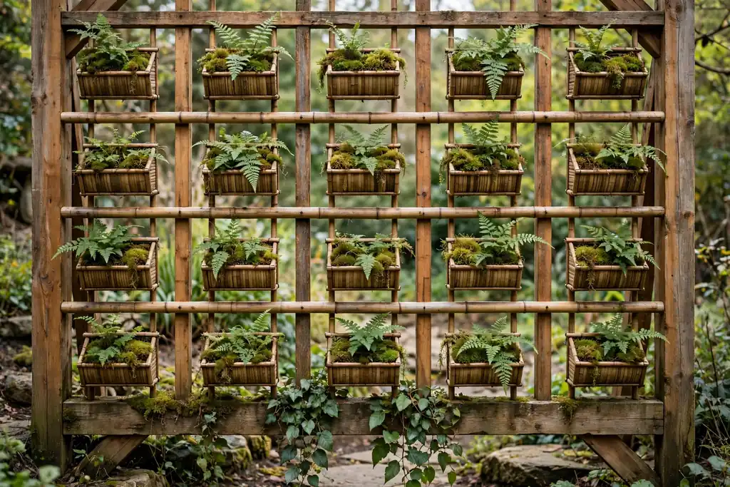 Vertical zen wall panel with small planters of moss and ferns on a fence.