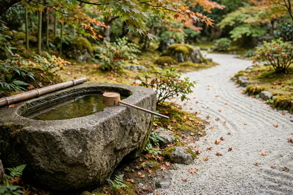 Carved stone water basin with a bamboo ladle beside a garden path.
