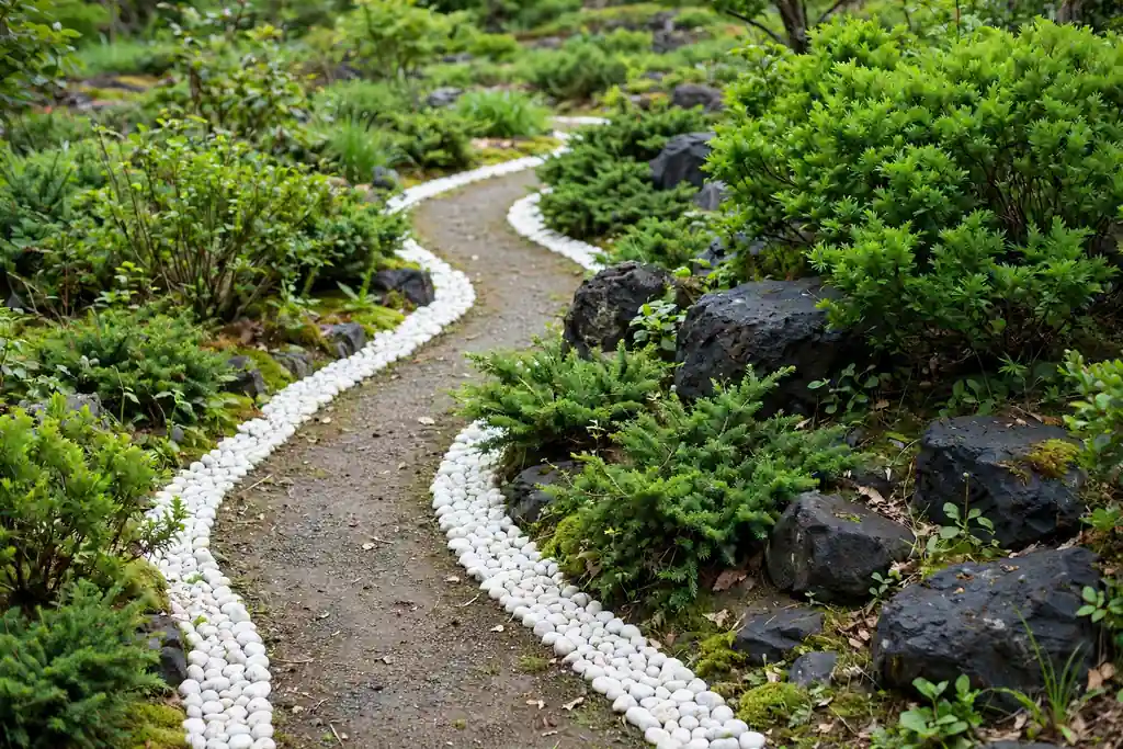 Garden path edged with a band of white pebbles beside green planting.